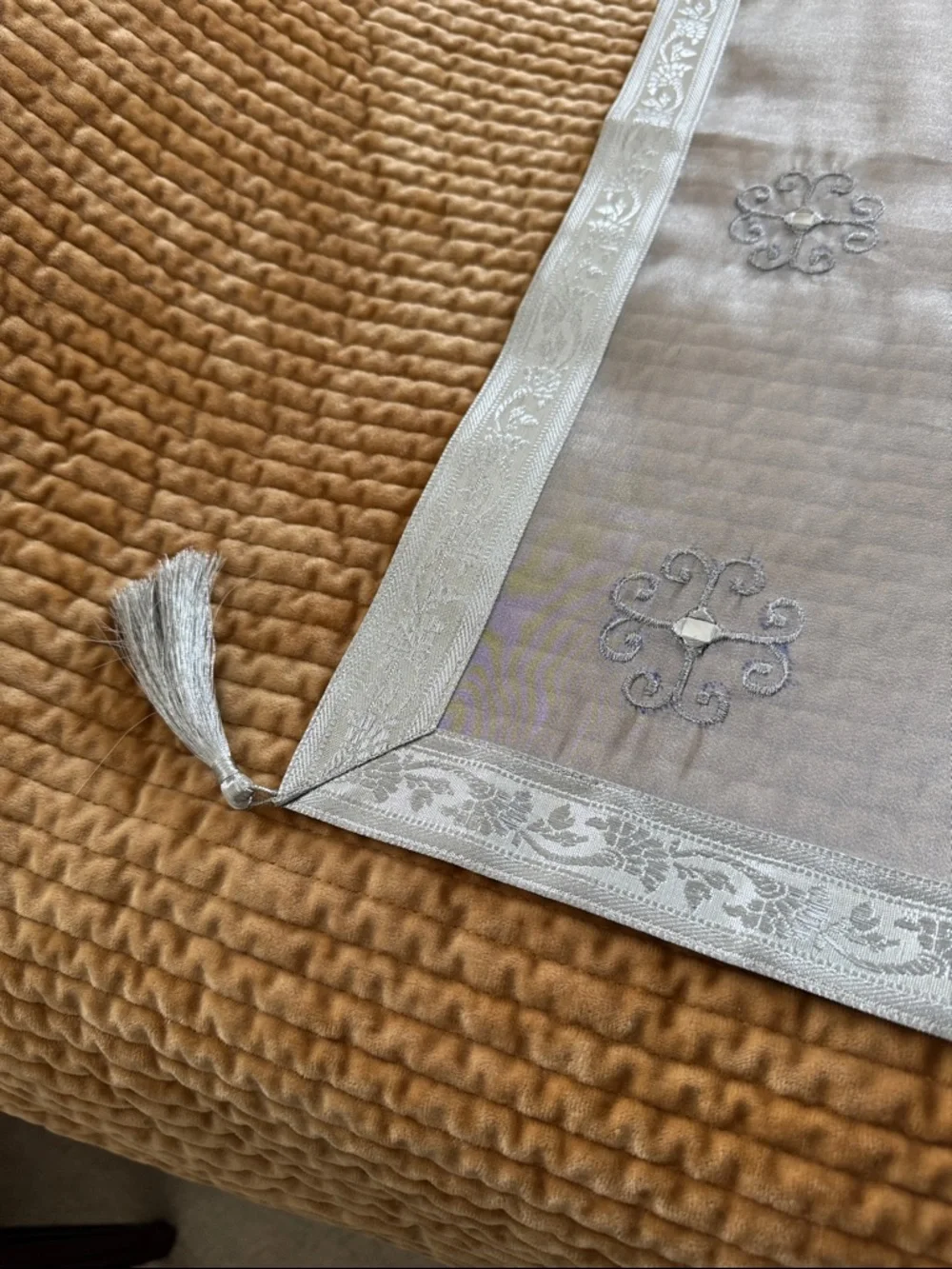 Fancy Silver Embroidered Square Table Topper NWOT